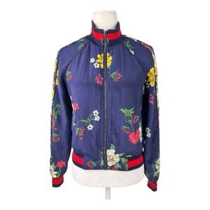 Joie Avariella Navy Floral Print 100% Silk Zip Up Bomber Track Jacket XS